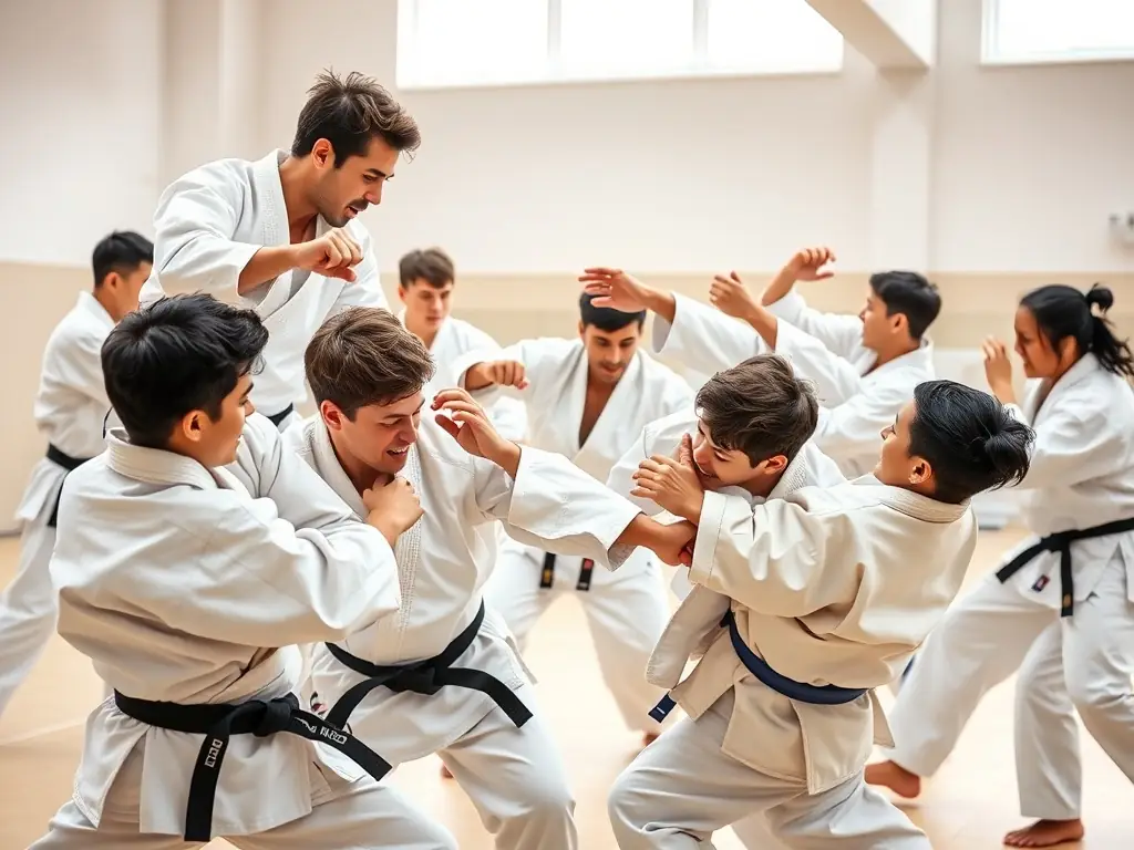 A diverse group of teenagers and adults in judo gis performing advanced throws and grappling drills during an energetic training session, with focused expressions and dynamic movement. The image highlights intermediate and advanced training at JUDO CLUB ARGENTAT.