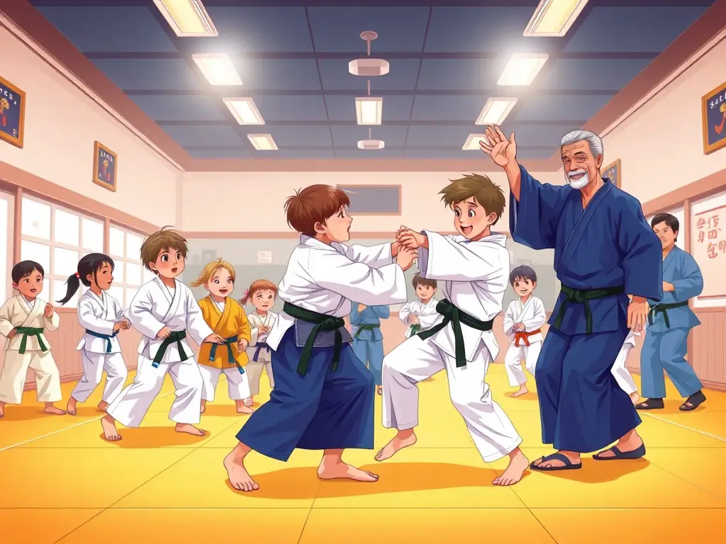 A group of children and adults practicing judo techniques together in a bright dojo, with an instructor demonstrating a move.