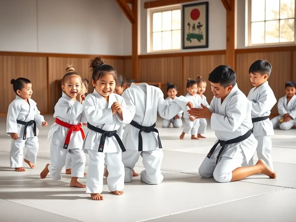 A group of young children in white judo uniforms practicing basic judo techniques on padded mats in a bright, welcoming dojo, with an instructor gently guiding them. The image is used to illustrate beginner and kids’ classes at JUDO CLUB ARGENTAT.