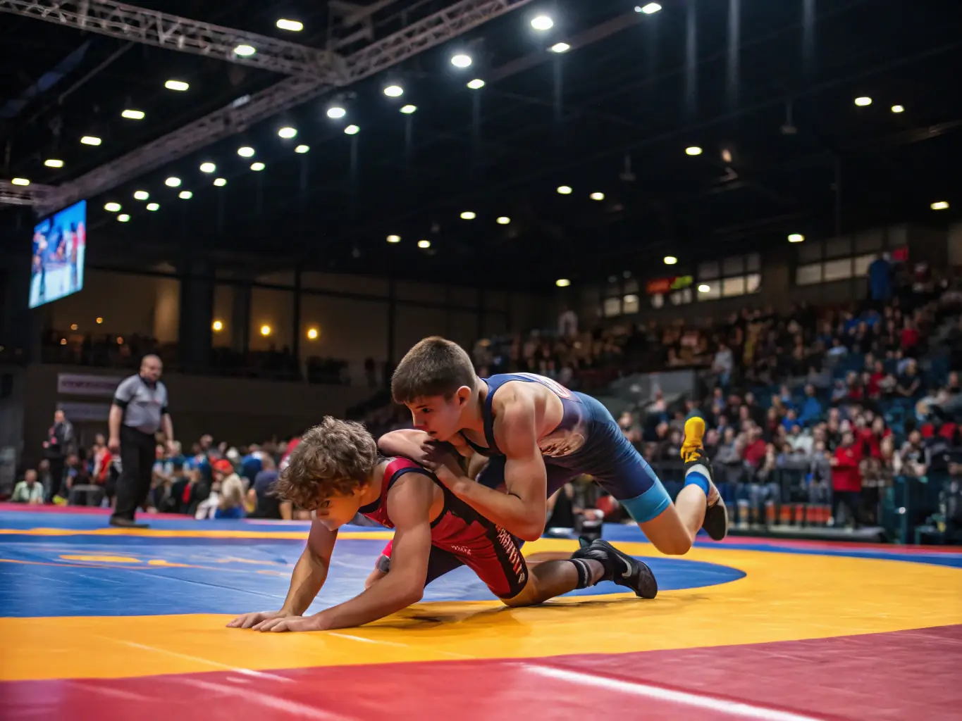 A dynamic photo of a judo tournament in progress, with athletes in white and blue judogi competing on a mat, spectators watching in the background.