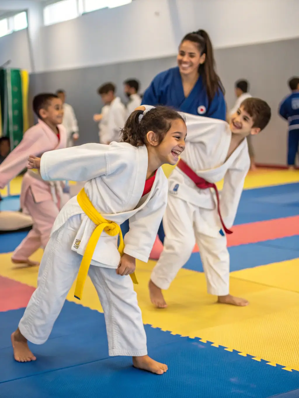 A skilled judo instructor demonstrating a classic throw to attentive children in white judogi, inside the Judo Club Argentat dojo, with mats and banners visible.
