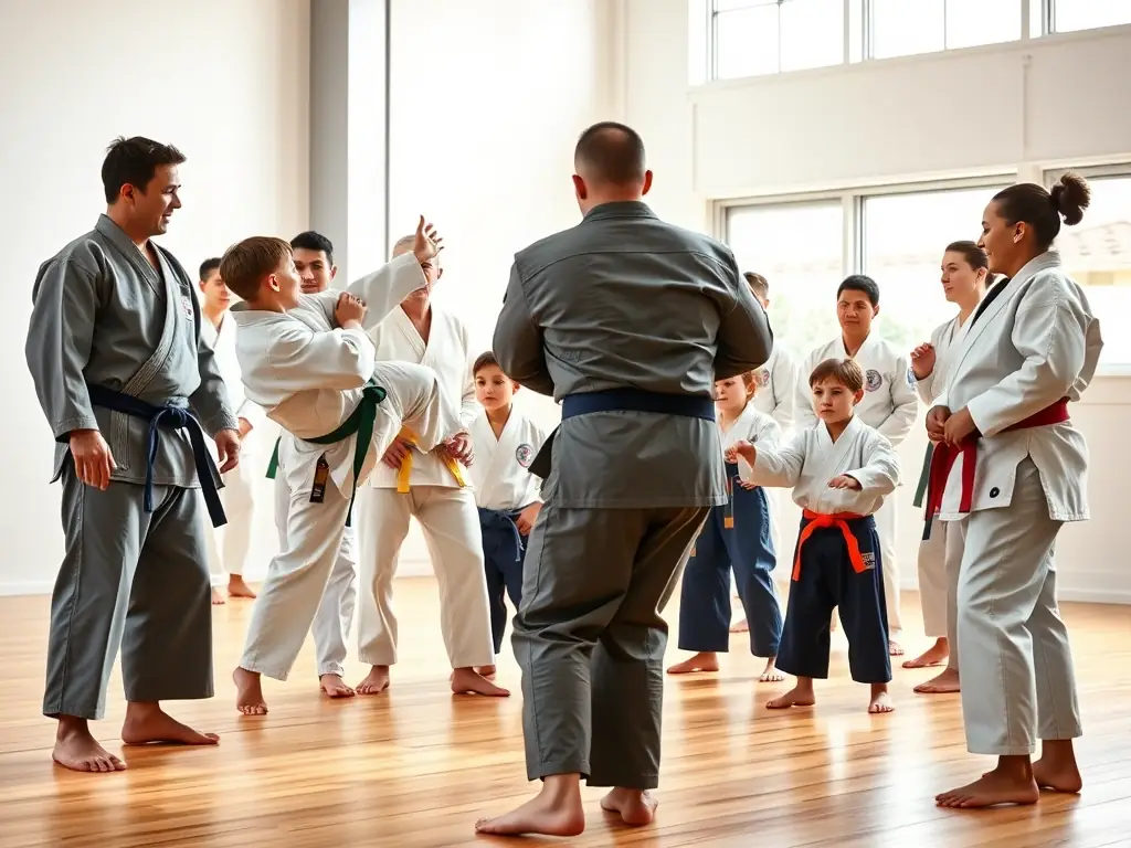 A group of judo practitioners of various ages attending a special weekend workshop, listening attentively to a guest sensei demonstrating a unique technique, with certificates and medals displayed in the background. The image showcases special workshops at JUDO CLUB ARGENTAT.