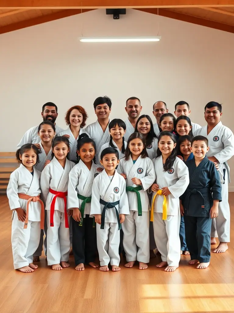A diverse group of club members of all ages bowing together at the end of a training session, symbolizing unity and community spirit.
