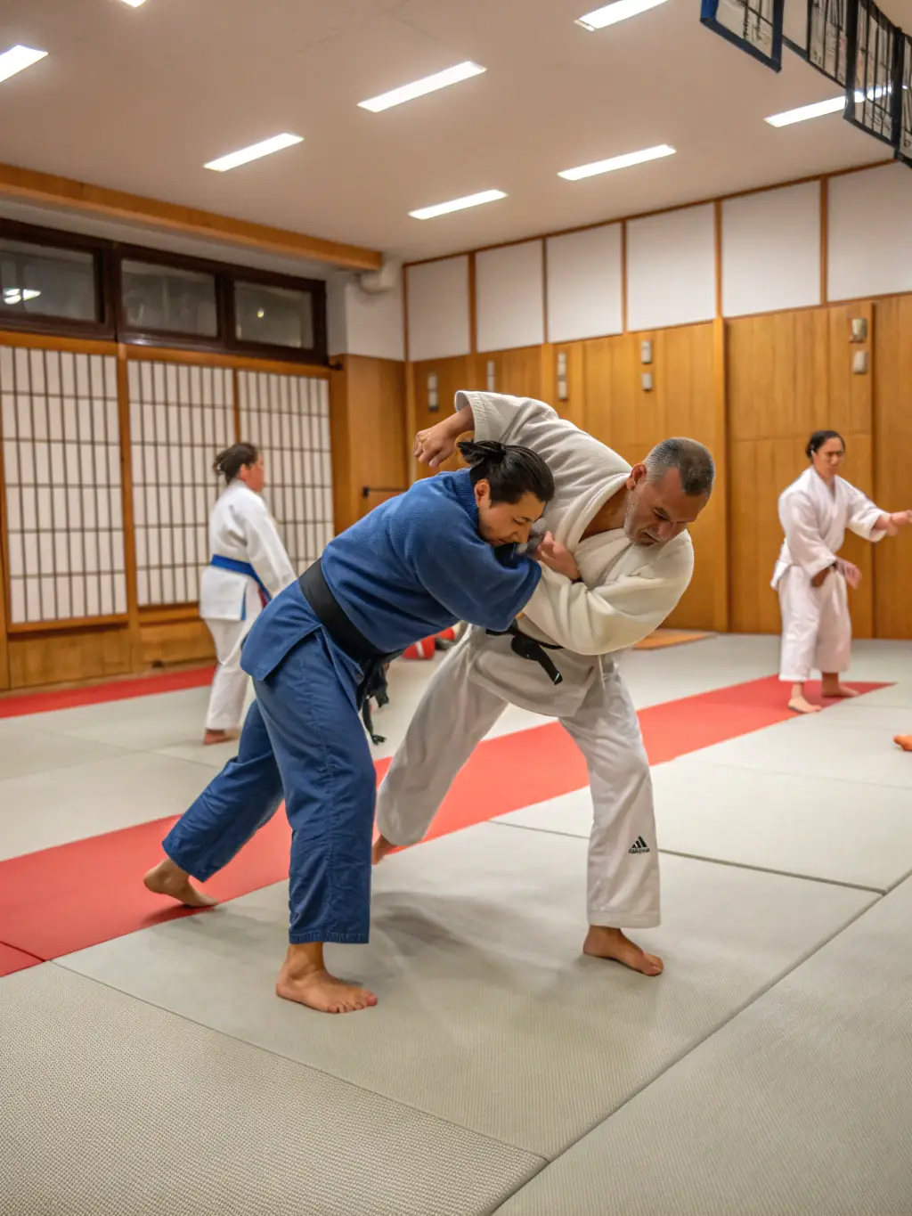 Adults in blue and white judogi engaged in randori (sparring), showing determination and mutual respect, with club banners in the background.