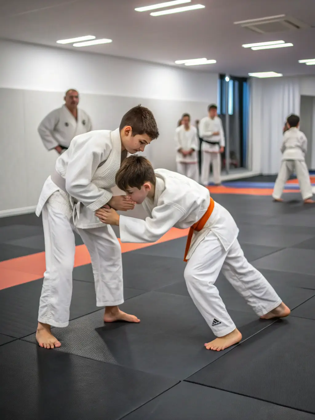A group of teenagers practicing advanced judo techniques, mid-action, with a coach observing and giving feedback in a bright, modern dojo.